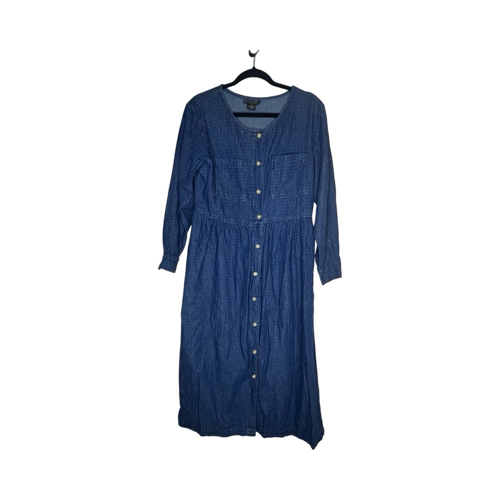 Mizz Lizz Womens Blue Polka Dot Denim Midi Dress Long Sleeve Button Front Small‎